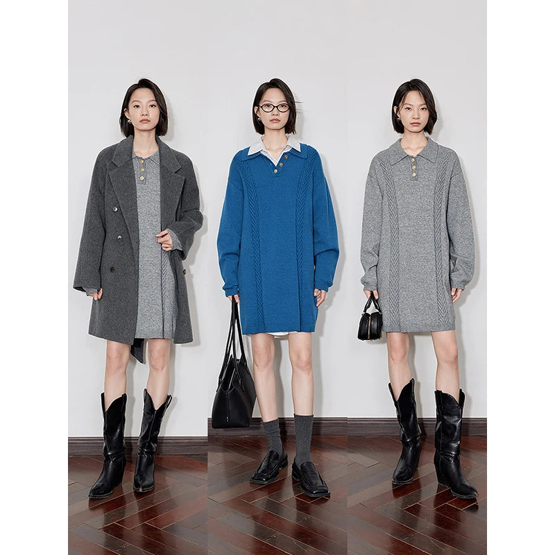 TOYOUTH Women Knitted Dress 2024 Autumn Winter New Turn Down Collar Straight Knee Length Knitted Warm Casual Dress