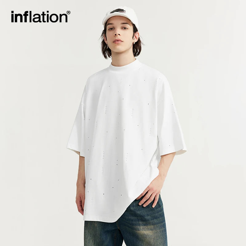 INFLATION Streetwear Ripped Tees Men Heavyweight Mock Neck Oversized Cotton Tshirts