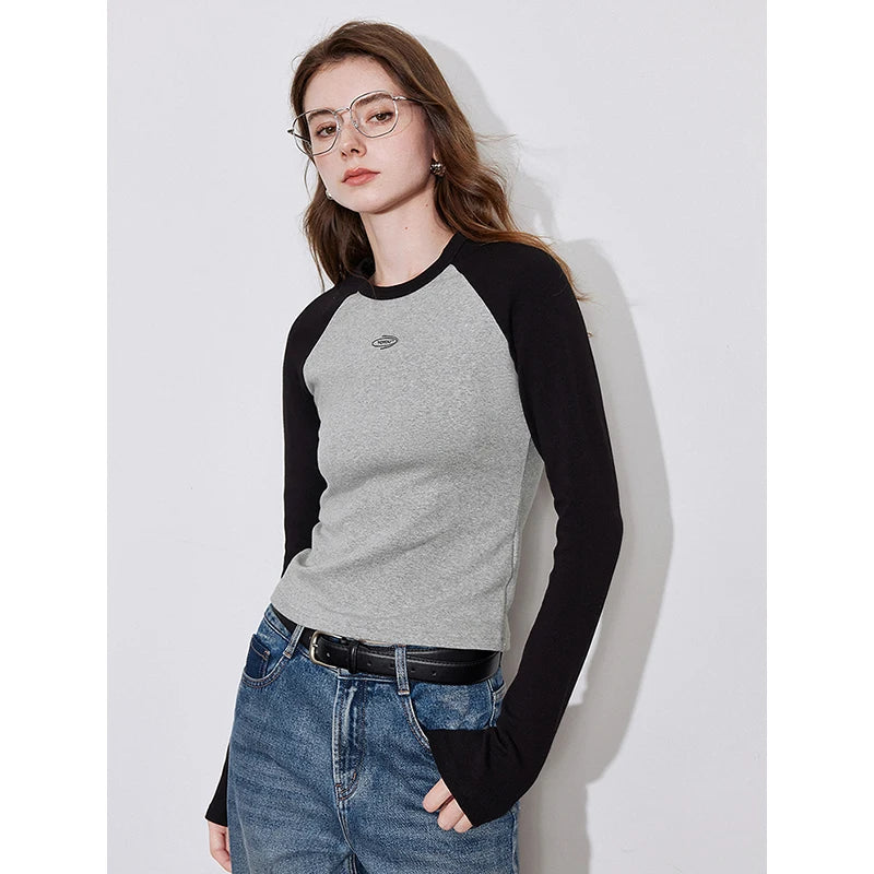 TOYOUTH Women Long Sleeve T shirt 2024 Autumn Winter New American Style Contrasting Color Round Neck Slim Fit Tee Tops