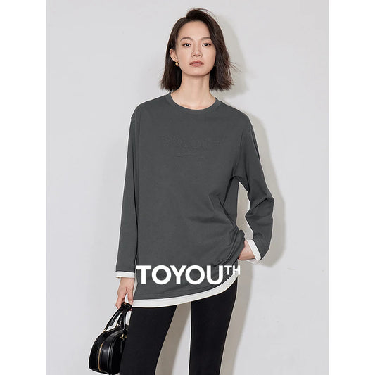 TOYOUTH Women T-shirt 2024 Autumn New Contrast Color Splicing Fake Two piece Letter Medium Length Pullover Tops