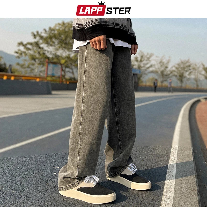 LAPPSTER Men Solid Streetwear Jeans Pants 2023 Mens Baggy Wide Leg Denim Trousers Male Black Korean Fashion Joggers Sweatpants