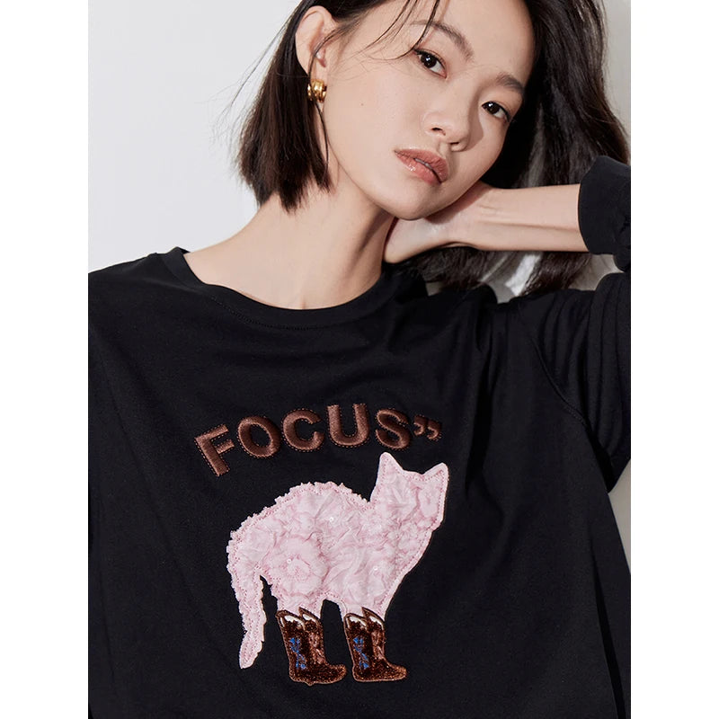 TOYOUTH Women T-shirt 2024 Autumn New Heavy Industry Cat Pattern Patchwork Embroidery Long Sleeve Round Neck Pullover Tops