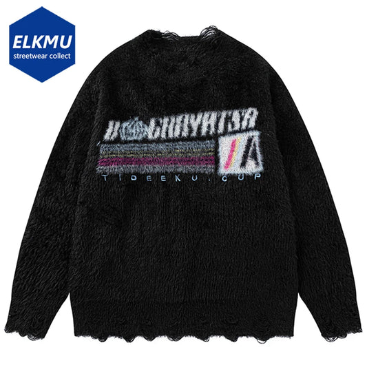 2024 Men Knitted Sweaters Broken Ripped Black Loose Pullover Sweater Harajuku Oversized Streetwear Hip Hop Sweater Jumper