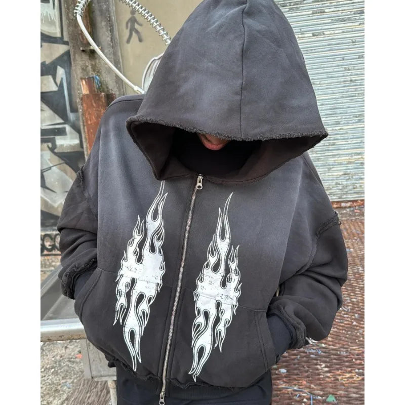 High street hip-hop geometric print zipper cardigan oversized hoodies mens y2k clothing 2000s trendy versatile rock sweatshirts