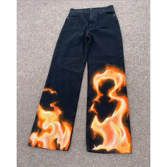 High street geometric flame print graphic punk niche oversized jeans for men American Y2K grunge clothing trendy baggy sweatpant