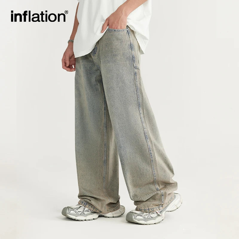 INFLATION Streetwear Oversized Irregular Stitching Jeans Men Washed Wide Leg Denim Pants Trousers