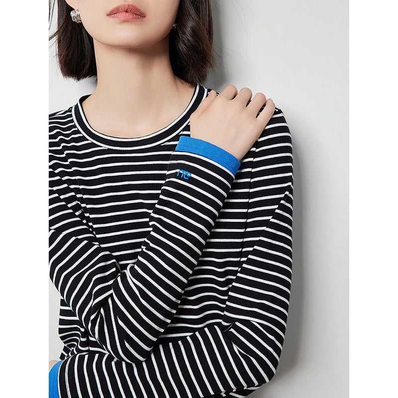 TOYOUTH Women Long Sleeve T-shirt 2024 Autumn New Striped Contrasting Color High Street Base Casual Tee Tops