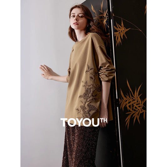 TOYOUTH Women Long Sleeve T-shirt 2024 Autumn and Winter New Chinese Style Persimmon Embroidered Round Neck Pullover Tops