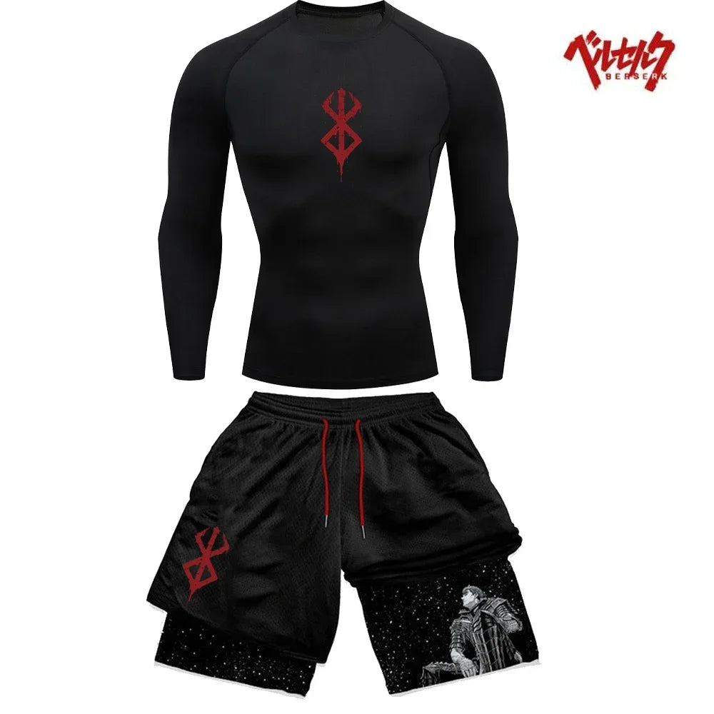 Anime Berserk Compression Set Fitness Suit for Men Quick Dry Compression Shirt+Gym Shorts Running Workout Summer Sportswear