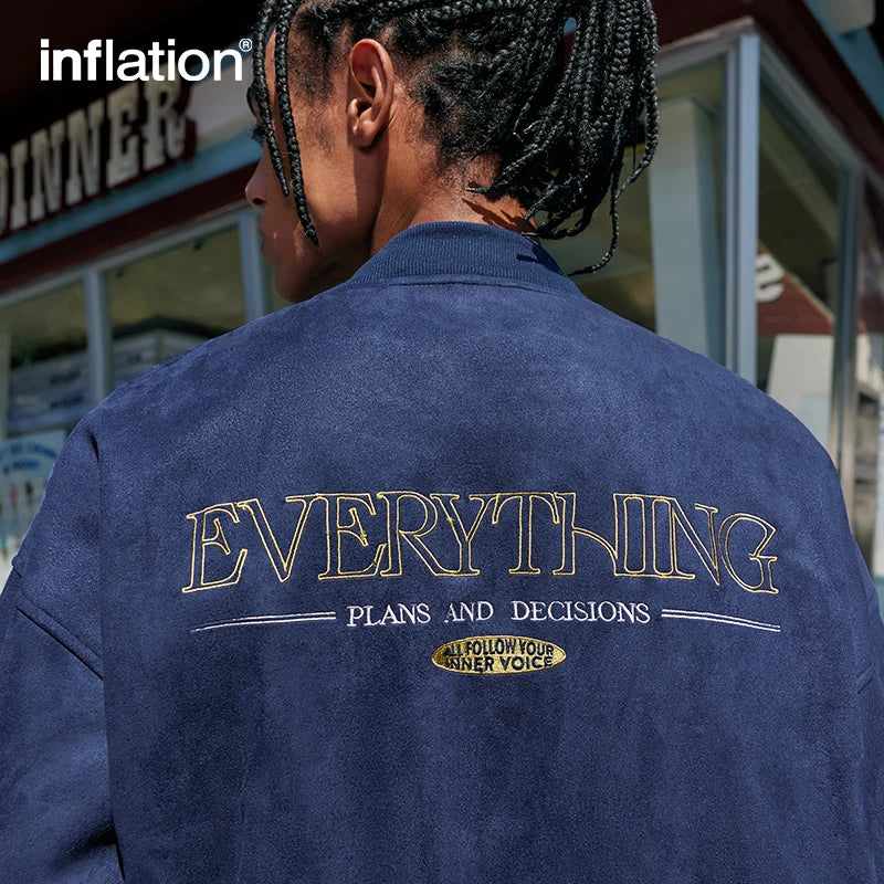 INFLATION Vintage Faux Suede Baseball Jacket Men Varsity Bomber Streetwear Texture Printing Jacket