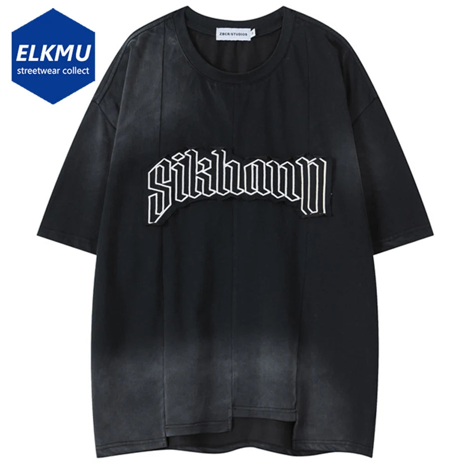 2025 Men T Shirts Letter Embroider Patchwork Oversized T-shirts Cotton Tee Tops Streetwear Harajuku Hip Hop Tshirts Black Pink