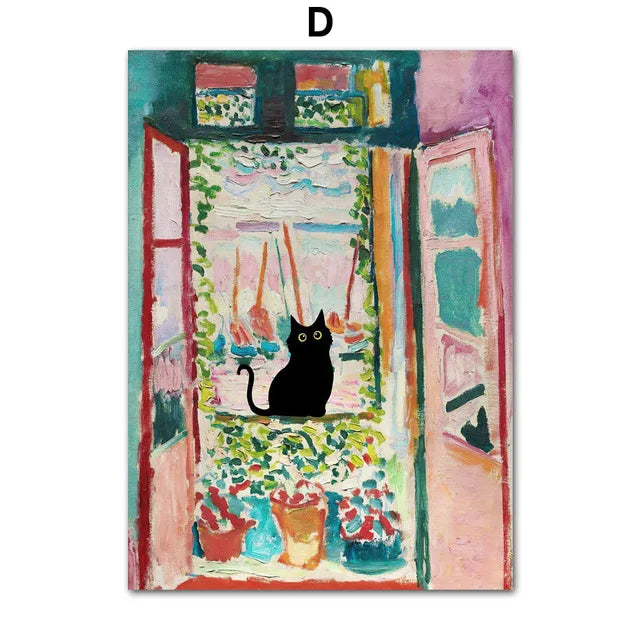 Funny Art Matisse Monet Black Cat Van Gogh Sunflowers Canvas Painting Posters and Prints Wall Pictures for Living Room Decor