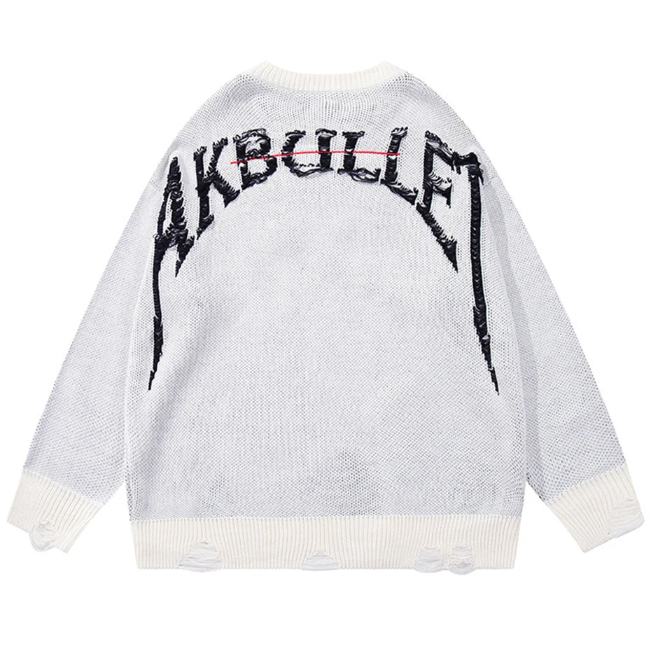 Men Hip Hop Sweater Graphic Ripped Patchwork Oversized Harajuku Sweaters Knit Jumper Black White Loose Casual Sweater