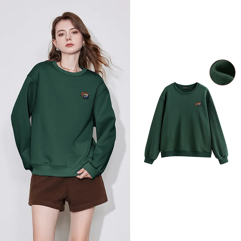 TOYOUTH Women Fleece Hoodies Sweatshirt 2024 Autumn Winter Embroidered Round Neck Long Sleeve Casual Hoodies Warm Tops