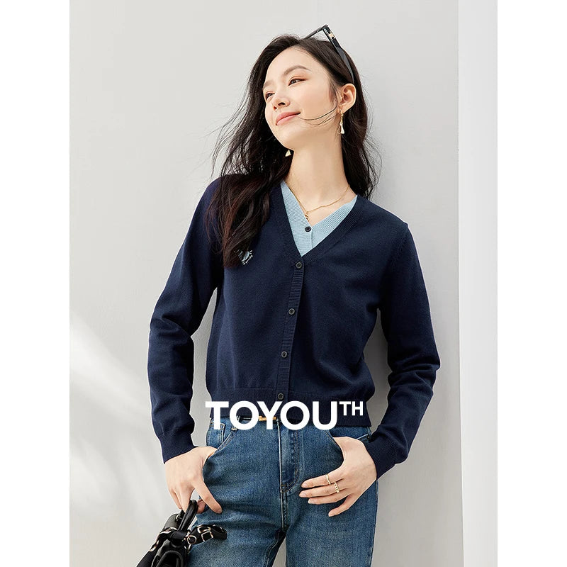 Toyouth Women Fake Two Piece Knit Cardigan 2022 Winter Long Sleeves V Neck Slim Fit Sweaters Navy Blue Warm Casual Chic Tops