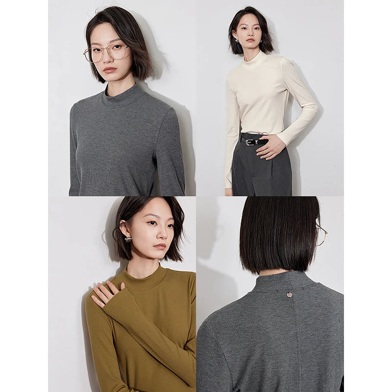 TOYOUTH Women Long Sleeve T Shirt 2024 Winter New Antibacterial Warm Turtleneck Collar Pullover Tops Grey