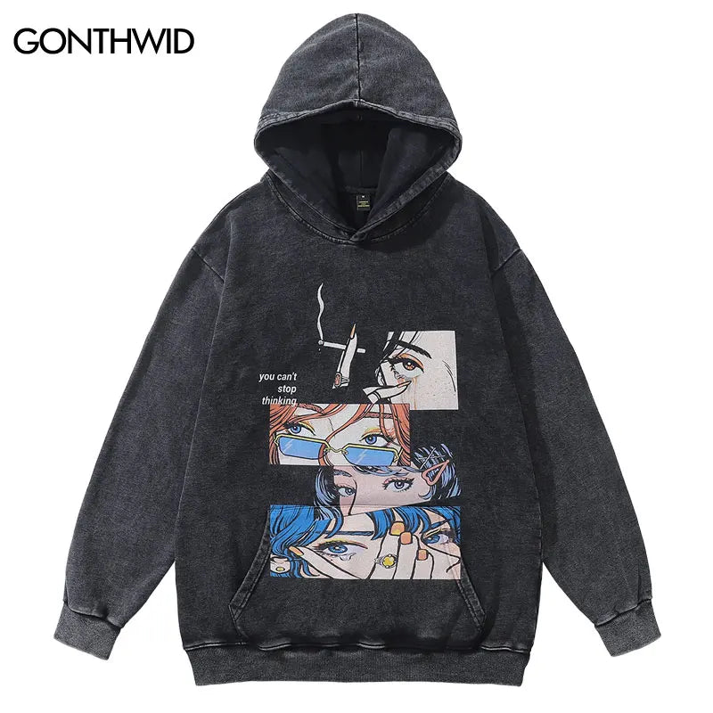 Vintage Hoodie Streetwear Y2K Hip Hop Japanese Anime Girl Print Oversized Hooded Sweatshirt Harajuku Fashion Punk Goth Pullover