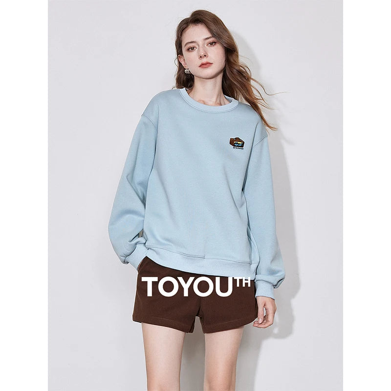 TOYOUTH Women Fleece Hoodies Sweatshirt 2024 Autumn Winter Embroidered Round Neck Long Sleeve Casual Hoodies Warm Tops