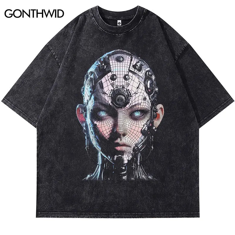 Men Vintage Tshirt Retro Robot Graphic Print Washed Black T-Shirt Hip Hop Punk Gothic Streetwear 2024 Harajuku Loose Cotton Tops