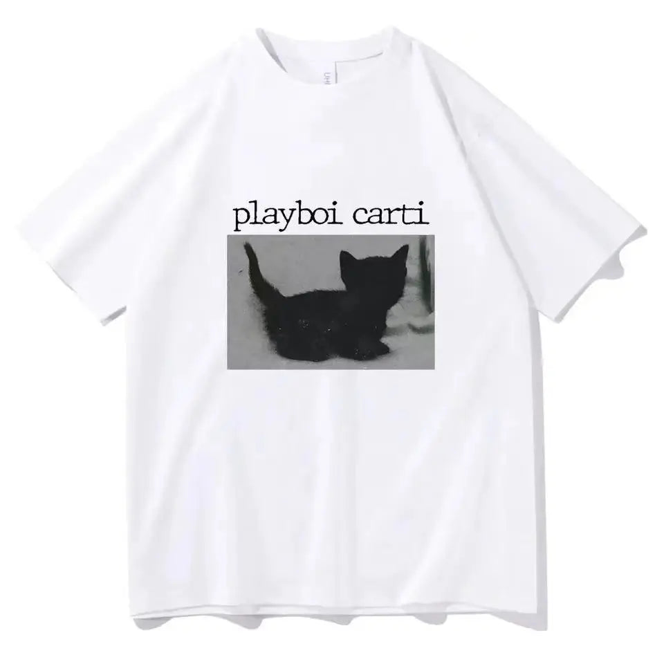 Playboi Carti Oversized Hip-Hop T Shirts Cute Cat Harajuku Print Tee Regular Mens Tops Quality Rapper Tshirt 80031