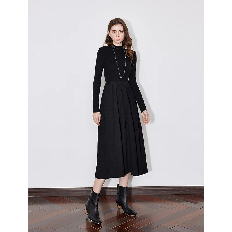 TOYOUTH Women Dress 2024 Autumn Winter New Turtleneck Collar Splicing Mid Length Slim Fit Warm Black Dress