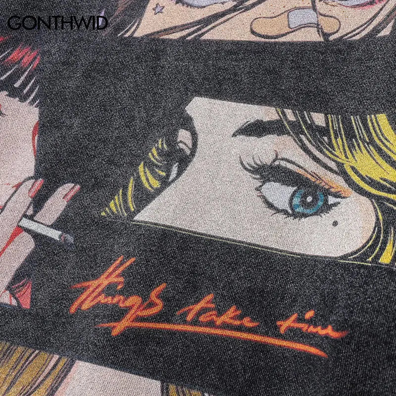 Harajuku Vintage Graphic Hoodie Y2K 2024 Hip Hop Japanese Cartoon Girl Anime Eyes Print Punk Gothic Pullover Hooded Sweatshirt