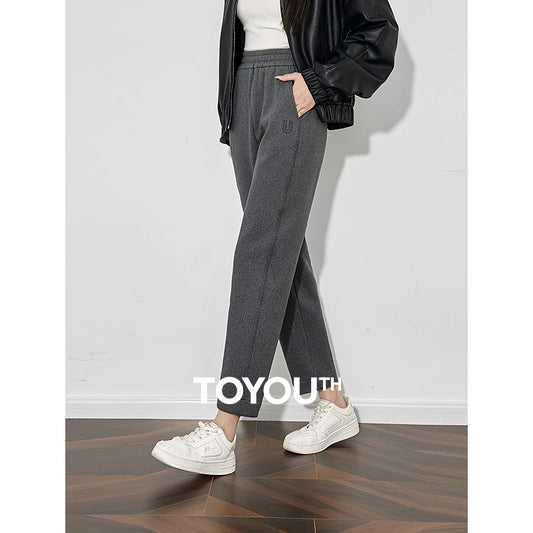 TOYOUTH Women Fleece Casual Pants 2024 Winter New Lazy Style Elastic Waist Straight Banana Pants