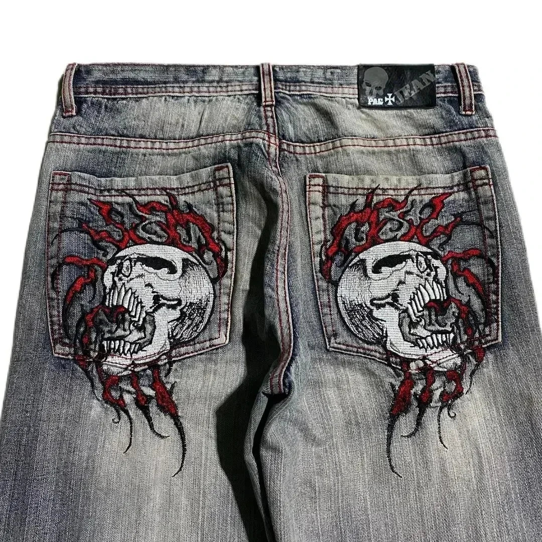 Retro Y2k Pants Hip Hop Goth Oversized Skull Pattern Baggy Jeans Wide Legs Low Waist Sports Skateboard Denim Trousers Streetwear