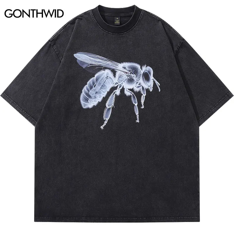 Vintage Black Oversized T-Shirt Bee Microscope Graphic Print Washed Tshirt Hip Hop Loose Punk Streetwear 2024 Harajuku Tee Tops