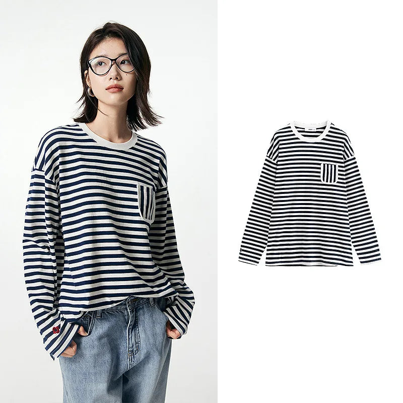 Toyouth Women Striped Tees 2024 Autumn Long Sleeve Round Neck Loose T-shirt Unique Pocket Design Dropped Shoulder Casual Tops