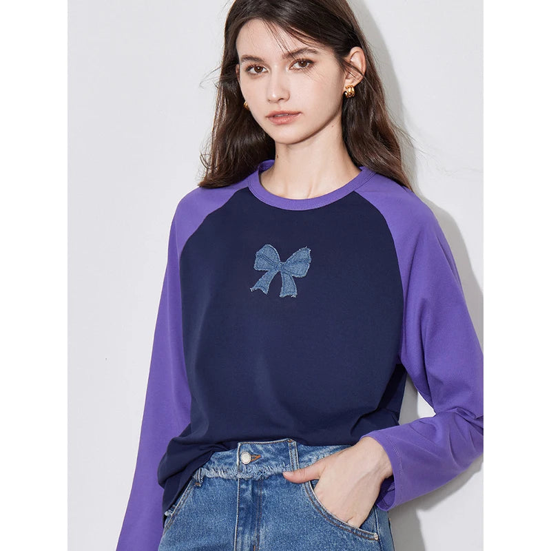 TOYOUTH Women T-shirt 2024 Autumn New Denim Bow Contrasting Color Raglan Sleeve Pullover Casual Tops