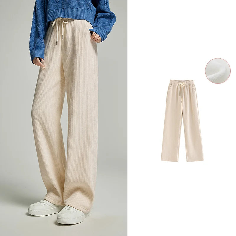 TOYOUTH Fleece Thicken Sweatpant 2024 Spring New Women Solid Color Drawstring Waist Straight Wide-leg Trousers Comfort Pants