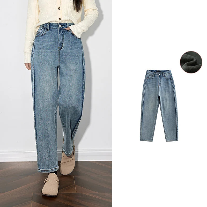 TOYOUTH Women Fleece Denim Jeans 2024 Autumn and Winter New Streetwear Style Straight Wide Leg Light Blue Banana Pants