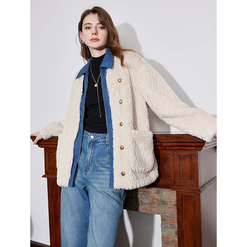 TOYOUTH Women Jacket Coat 2024 Winter New Rabbit Fur Denim Splicing Turn Down Collar Thicking Warm Outwear Cotton Coat