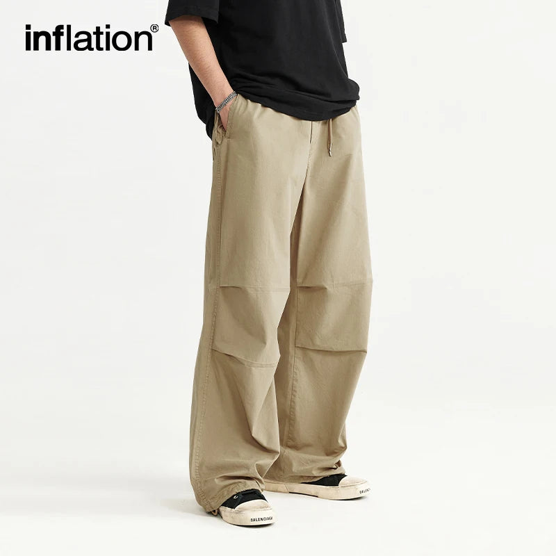 INFLATION Baggy Parachute Pants Streetwear Mens Elastic Waist Washed Cargo Pants Male 100% Cotton Trousers