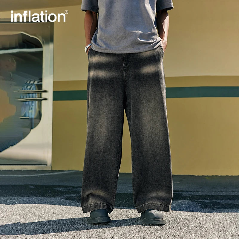 INFLATION High Street Wide-leg Jeans Men Trendy Classic Washed Black Denim Trousers