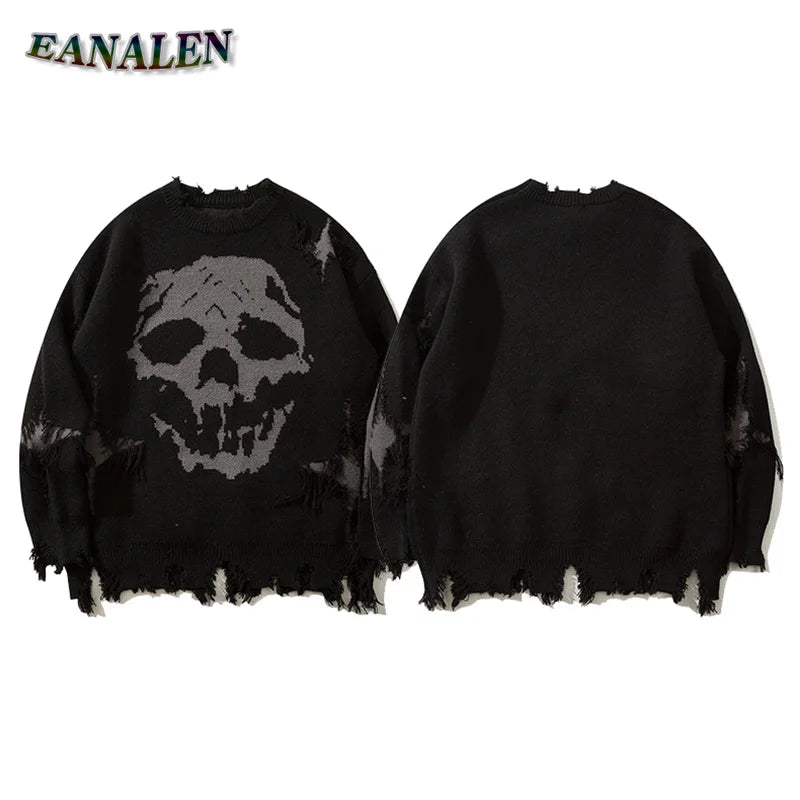 Harajuku Retro Black Broken Sweater Men's Winter Oversized Demon Skull Pullover Rock Jumper Knitted Grandpa Ugly Sweater Women's