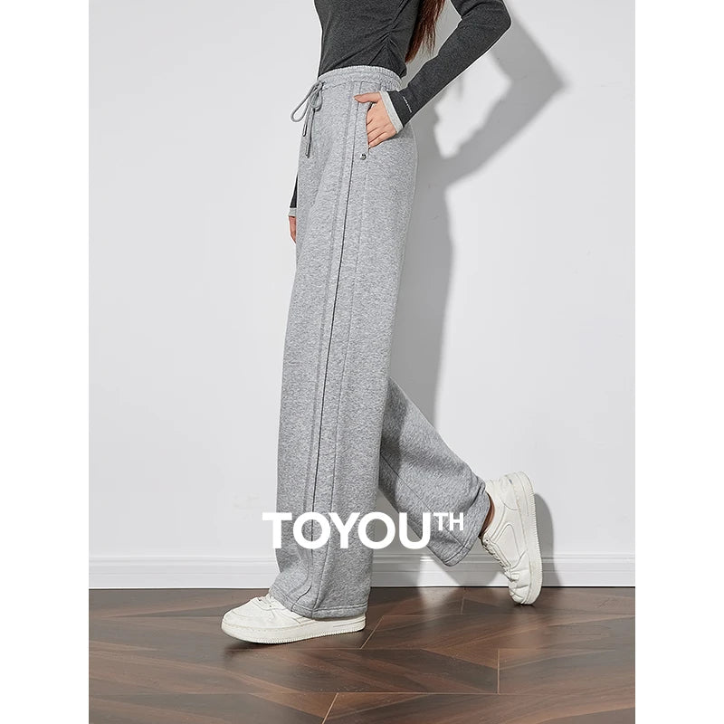 TOYOUTH Women Fleece Sweatpants 2024 Autumn and Winter New Drawstring Elastic Waist Straight Wide Leg Sports Casual Pants