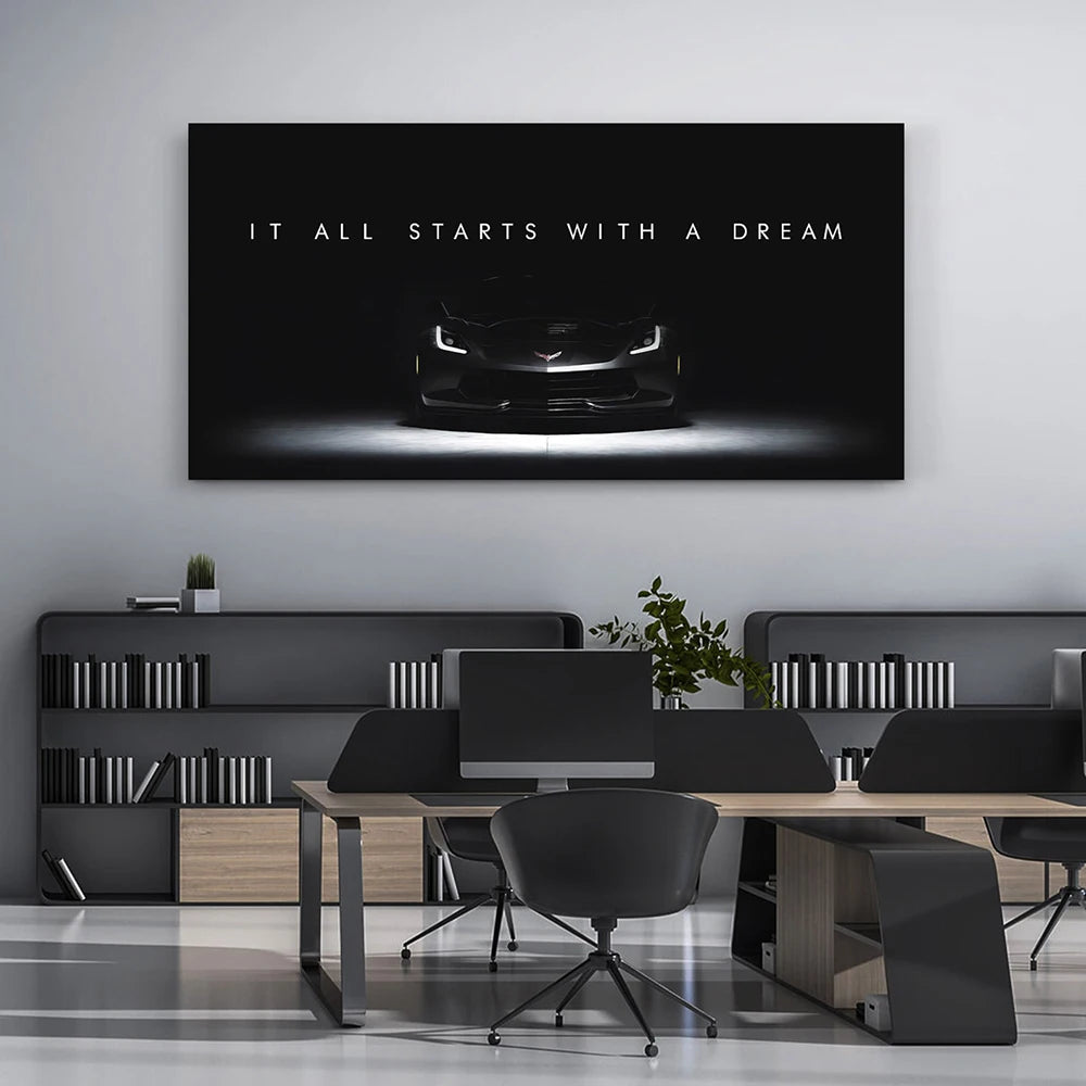 Super Car Canvas Wall Art Inspirational Quote IT ALL STARTS WITH A DREAM Poster for Home Wall Decor Gift for Friends Unframed