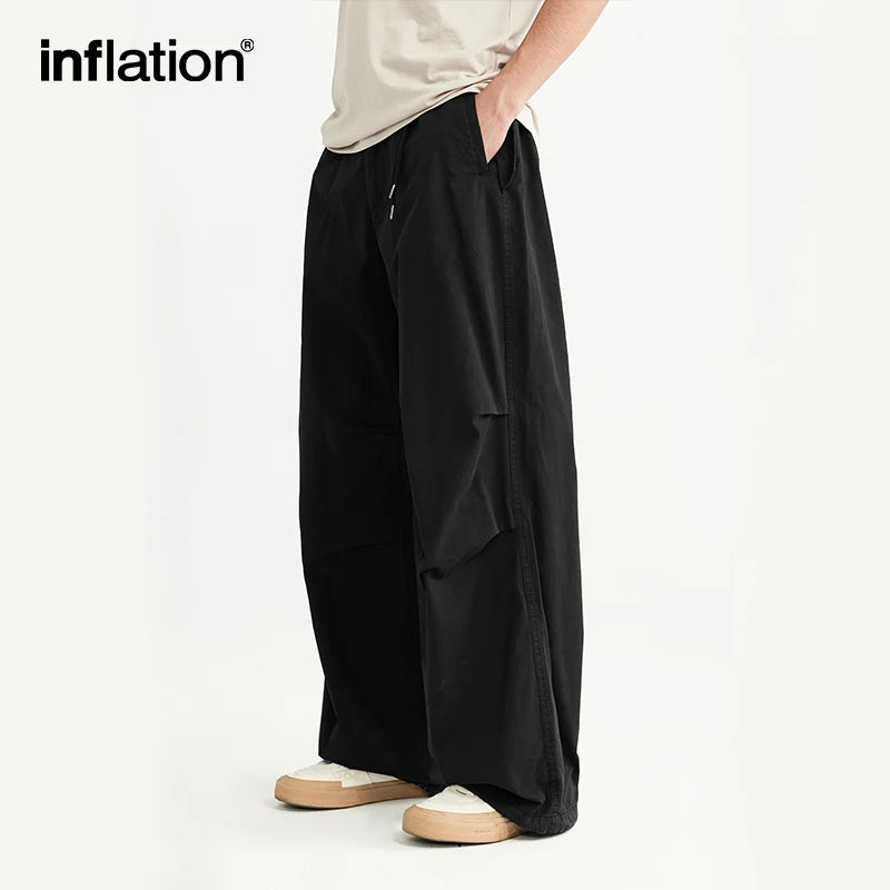 INFLATION Baggy Parachute Pants Streetwear Mens Elastic Waist Washed Cargo Pants Male 100% Cotton Trousers