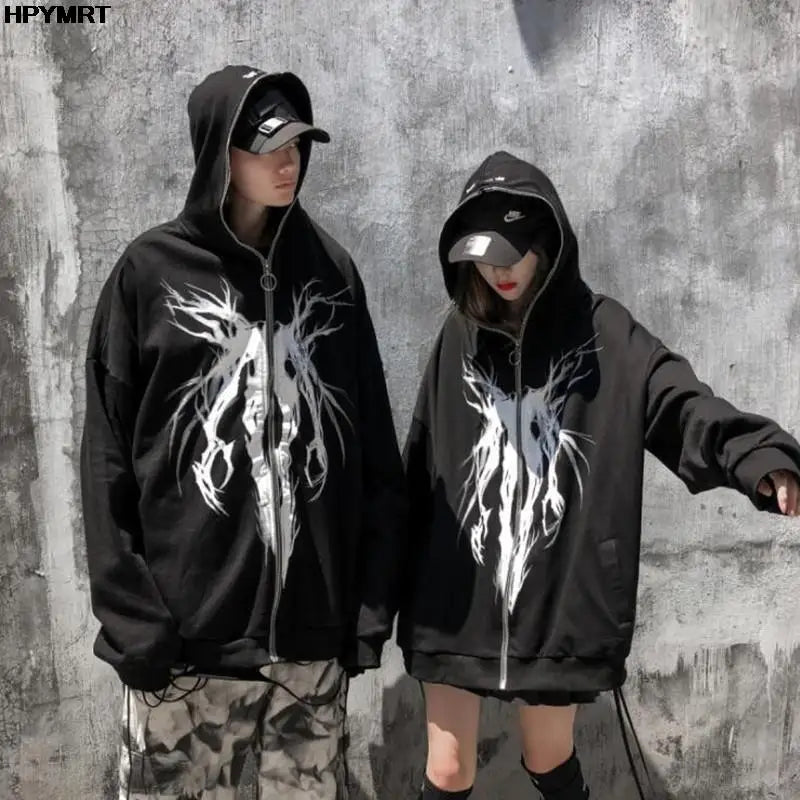 Men Punk Pattern Printed Zipper Ribbon Hooded Sweatshirt Jacket Hip Hop Casual Oversized Hoodies Coat Streetwear Autumn Couples