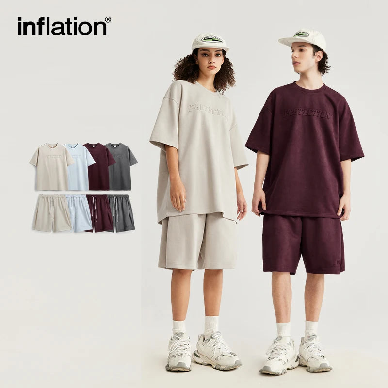 INFLATION Summer Oversized Tracksuit Set Unisex Suede Fabric Embossed T-shirts and Shorts Set