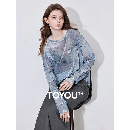 TOYOUTH Women Long Sleeve Tops 2025 Early Spring New Denim Printed Round Neck See-through Undercover Skin T Shirt