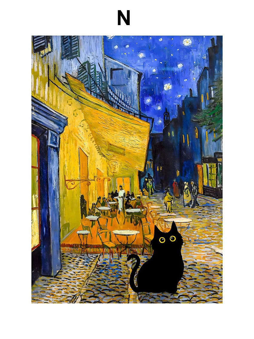 Funny Art Matisse Monet Black Cat Van Gogh Sunflowers Canvas Painting Posters and Prints Wall Pictures for Living Room Decor