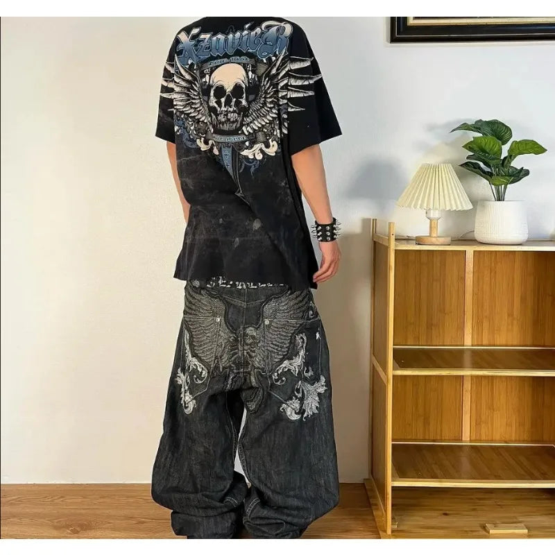 High Street Punk Hip-Hop Letter Embroidery Splicing Raw Edge Design Oversized Jeans for Men Y2K Trendy Gothic Fashion sweatpants