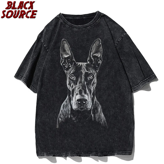 Men Streetwear Hip Hop Oversized T Shirt Funny Doberman Dog Graphic T-Shirt Vintage Washed Black Tshirt Harajuku Cotton P0843