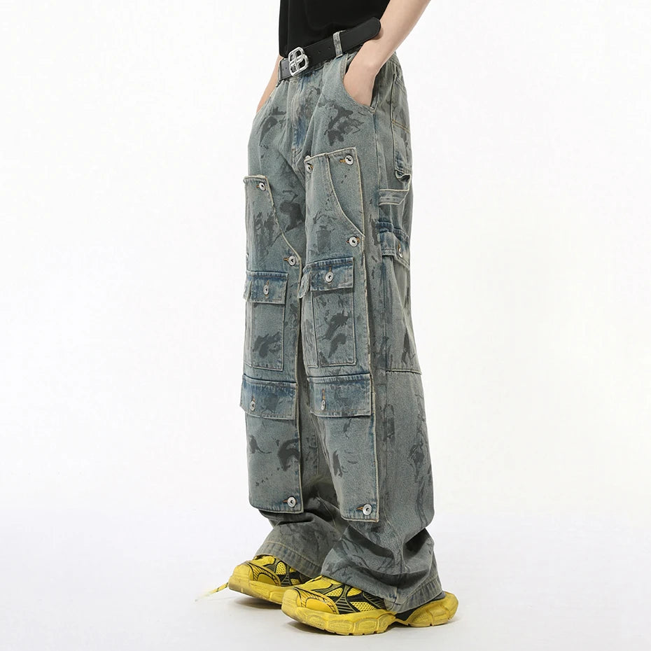 Y2K Baggy Cargo Jeans Men Multi Pocket Vintage Wide Leg Loose Denim Pants Black Blue Streetwear Hip Hop Jeans for Male