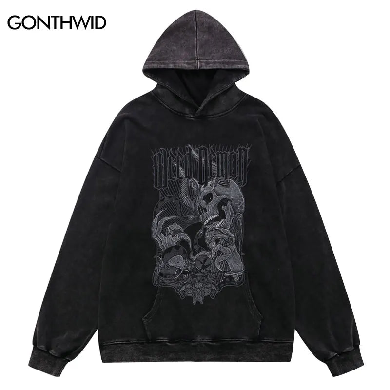 Men Hip Hop Hoodie Streetwear Vintage Skeleton Skull Devil Print Distressed Washed Hooded Sweatshirt 2024 Harajuku Retro Hoodie