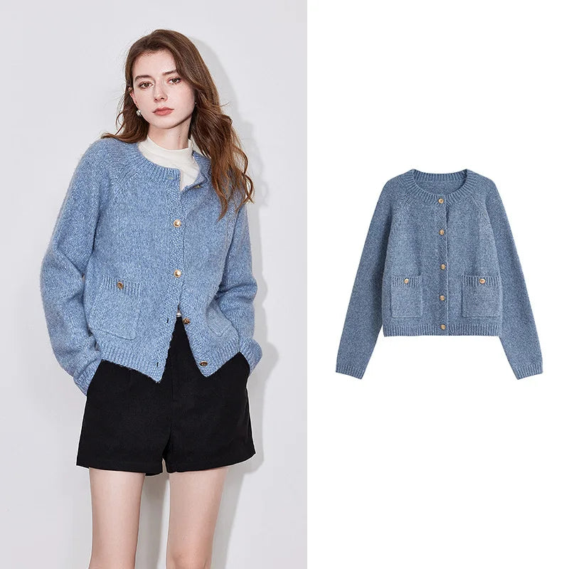 TOYOUTH Women Sweater 2024 Autumn Winter New Round Neck Single Breasted Button knitted Warm Wool Cardigan Coat