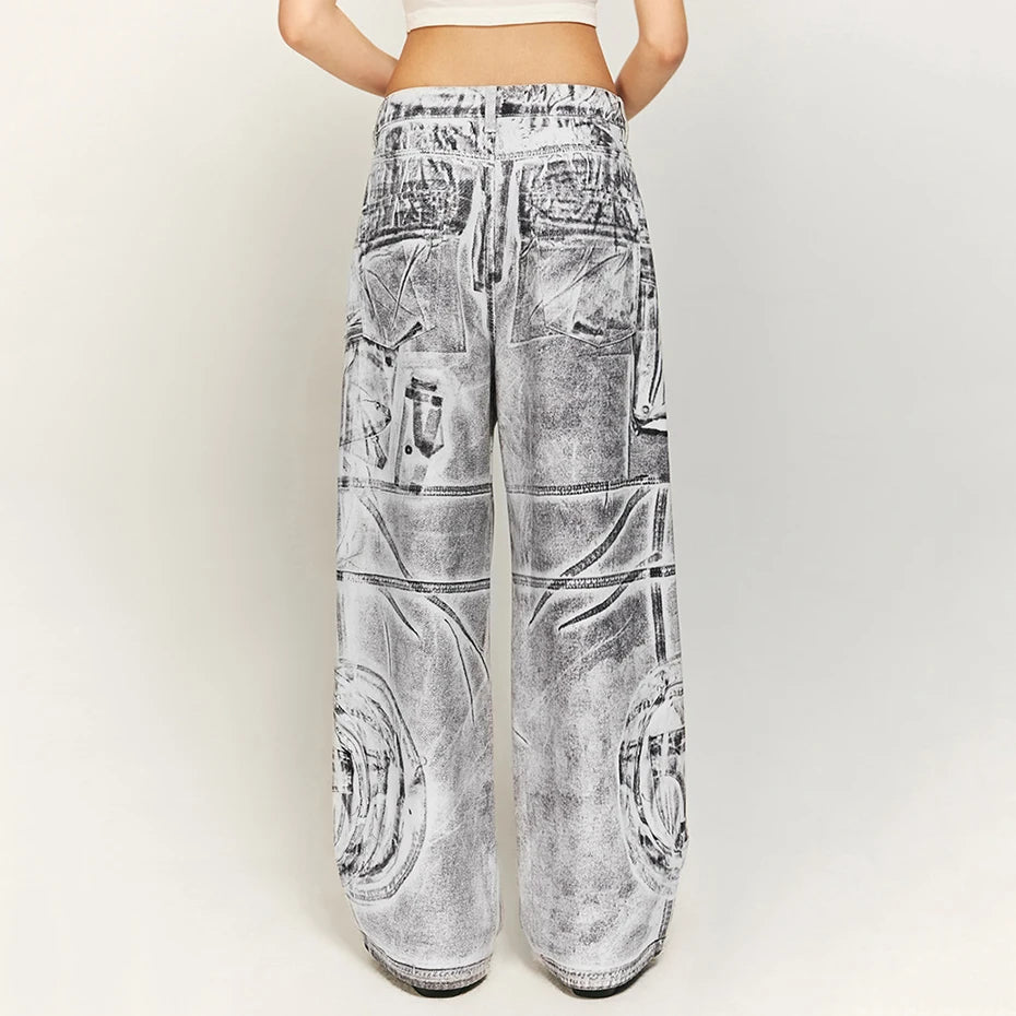 White Baggy Jeans Patchwork Graphic Printed Loose Denim Pants Men Streetwear Hip Hop Jeans